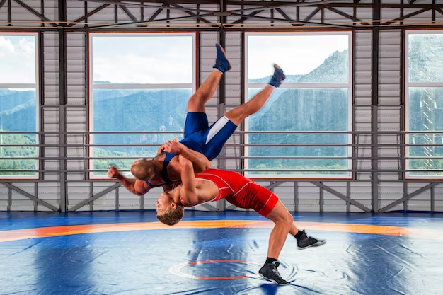 Two men in sports wrestling clothes during the execution of the reception